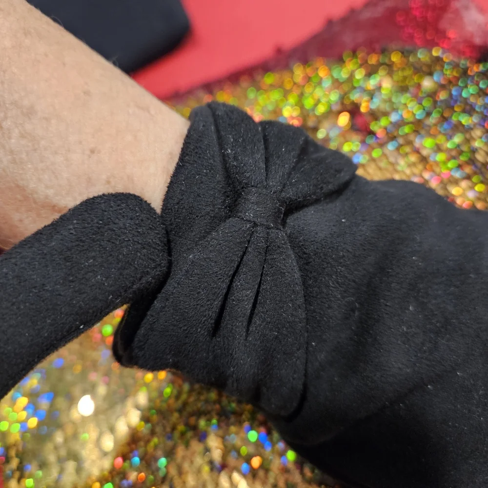 Black suede feel dressy finger gloves gathered bow at the wrist band detail
